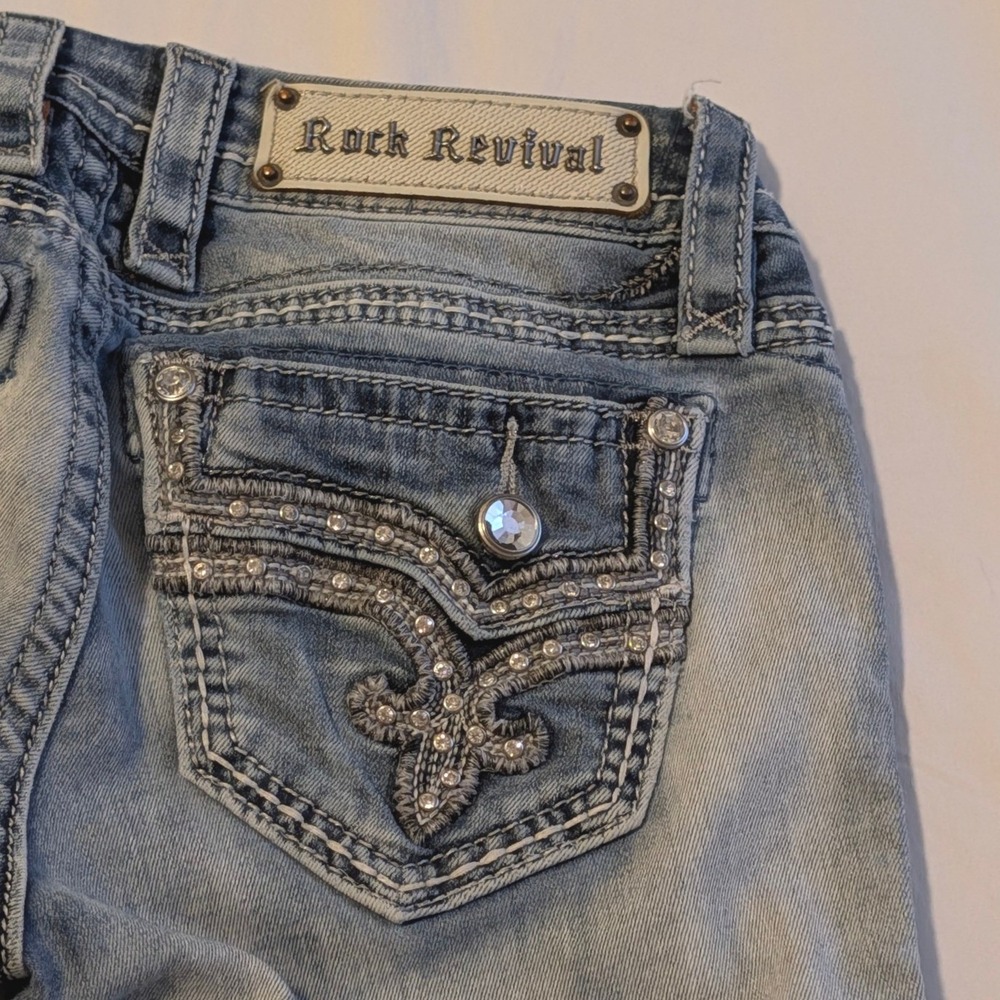 Rock Revival Betty Bootcut Jeans Light Wash Rhinestone Embroidered Womens 25
